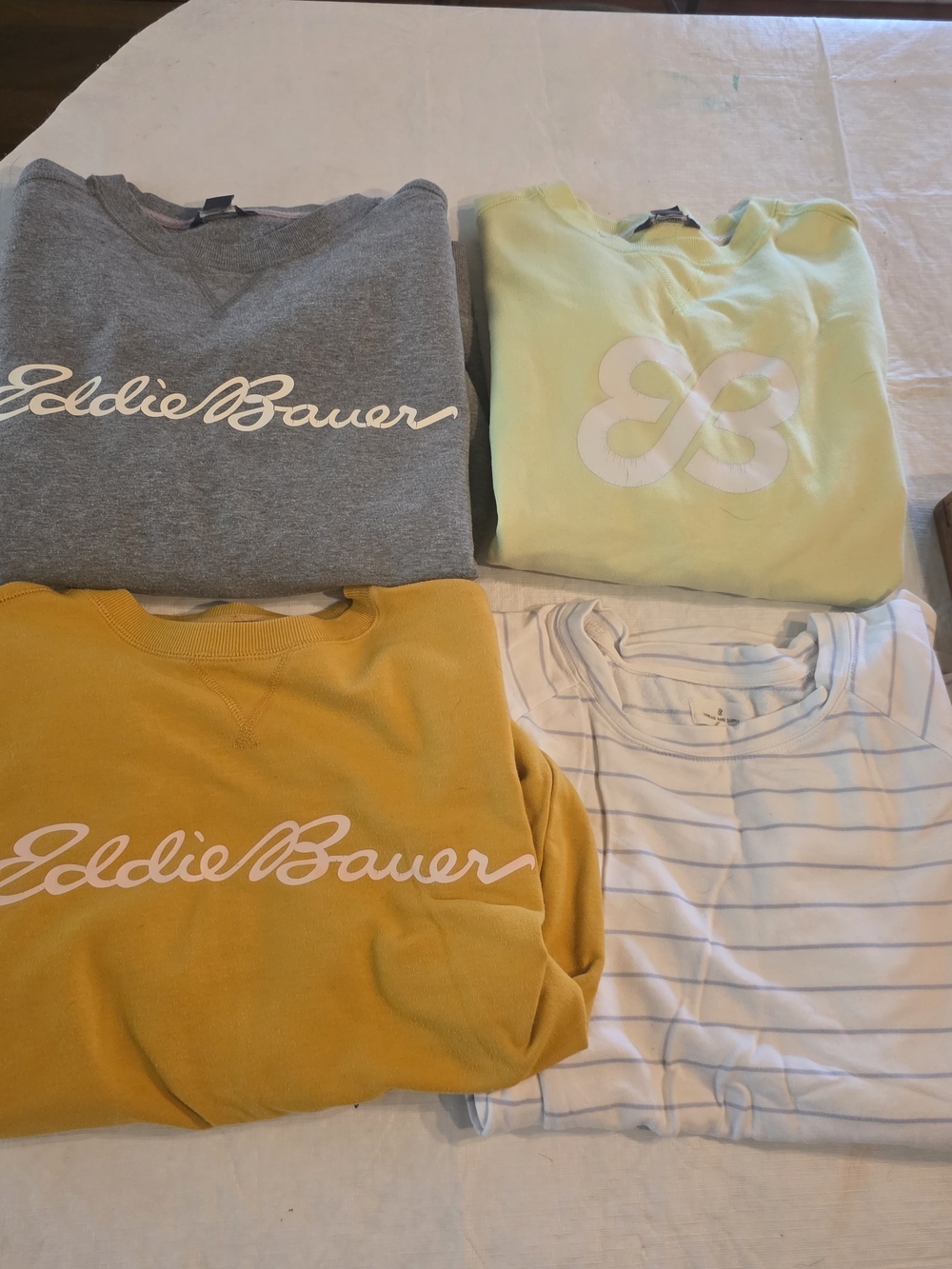 4 Sweatshirt Bundle - Gray, Mustard, Pastel Green, White Stripe. Sizes S & XS